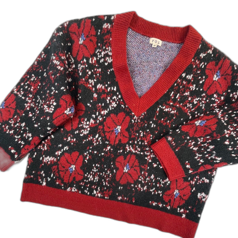 POL Floral Oversized Floral Sweater M Black Red V-Neck Chunky Boho Knit Slouchy